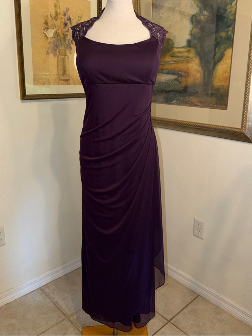 DRESS - X by XSCAPE Deep Plum/Eggplant Purple Gown w/Lace Accents Size 14W